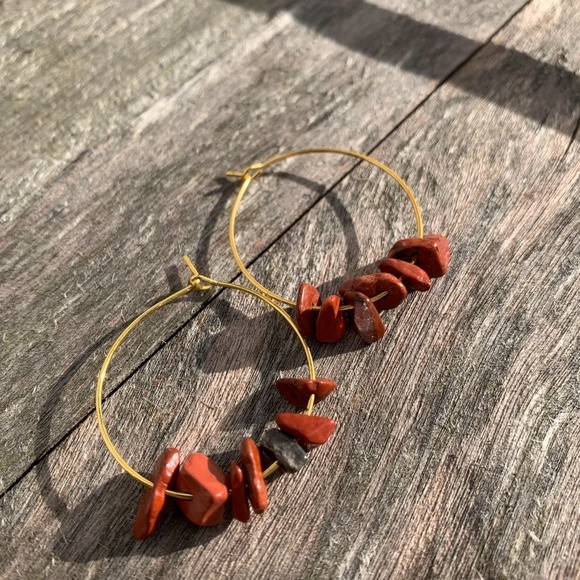 Red Jasper Gemstone Gold Hoop Earrings - Picture 2 of 5